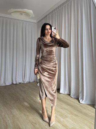 ARWEN Kadife Midi Elbise 8709 - Kahverengi - 2