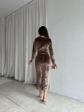ARWEN Kadife Midi Elbise 8709 - Kahverengi - 3