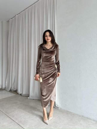 ARWEN Kadife Midi Elbise 8709 - Kahverengi - 4