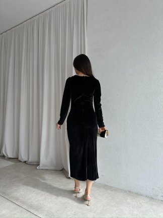 ARWEN Kadife Midi Elbise 8709 - Siyah - 2