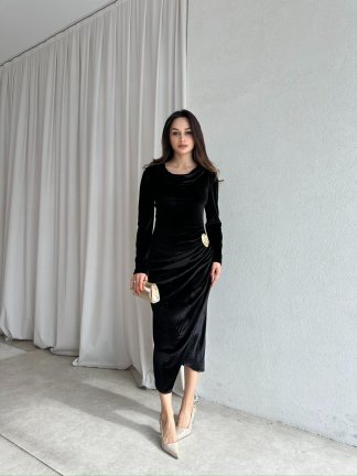 ARWEN Kadife Midi Elbise 8709 - Siyah - 3