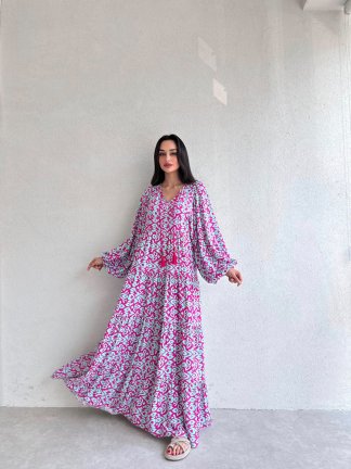 Asanoha Desenli Midi RUBY Elbise 4646 - Fuşya - 2