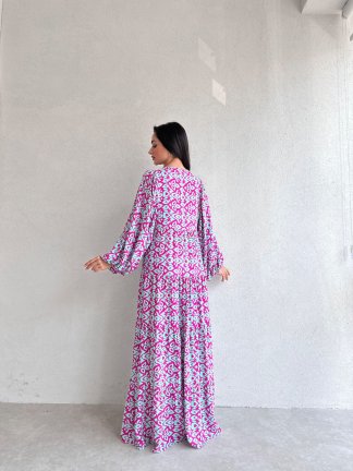 Asanoha Desenli Midi RUBY Elbise 4646 - Fuşya - 3