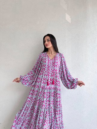 Asanoha Desenli Midi RUBY Elbise 4646 - Fuşya - 1