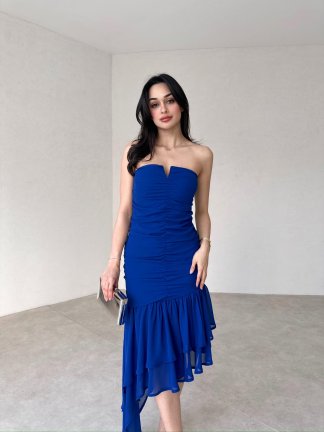 Asimetrik Etekli Midi HOLDEN Elbise 4939 - Mavi - 2