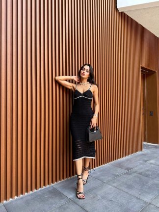 Askılı Örgü Midi CAMARA Elbise 3411 - Siyah - 2