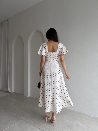 ATHENS Puantiyeli Midi Elbise 5475 - Beyaz - 3