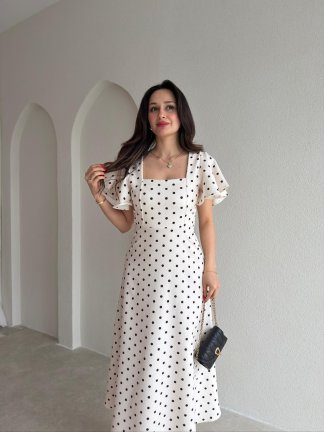 ATHENS Puantiyeli Midi Elbise 5475 - Beyaz - 2