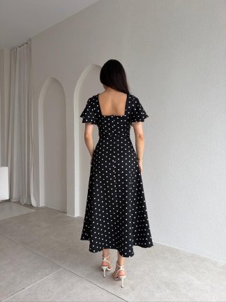 ATHENS Puantiyeli Midi Elbise 5475 - Siyah - 3