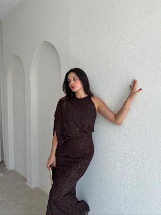 ATİNA Simli Tek Omuz Maxi Elbise 4026 - Acı Kahve - 2