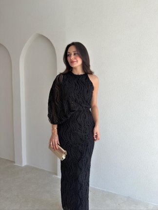 ATİNA Simli Tek Omuz Maxi Elbise 4026 - Siyah - 2
