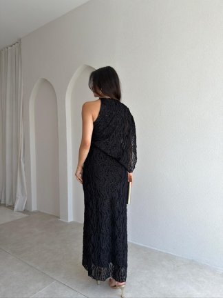 ATİNA Simli Tek Omuz Maxi Elbise 4026 - Siyah - 3