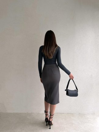 Atlas Kumaş Yırtmaçlı Boby Etek 3893 - Füme - 3