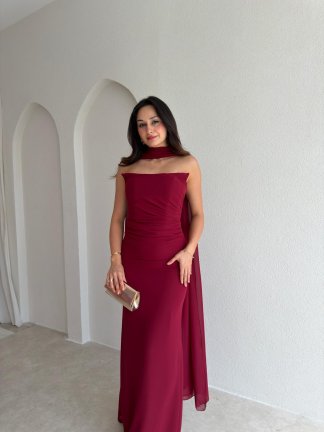 AVALON Şal Detaylı Maxi Elbise 4169 - Mürdüm - 2