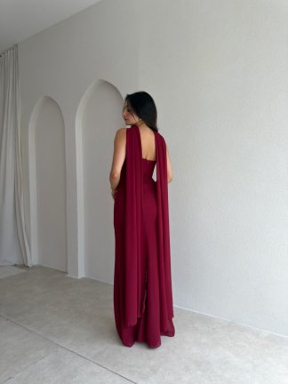 AVALON Şal Detaylı Maxi Elbise 4169 - Mürdüm - 3