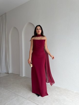 AVALON Şal Detaylı Maxi Elbise 4169 - Mürdüm - 1