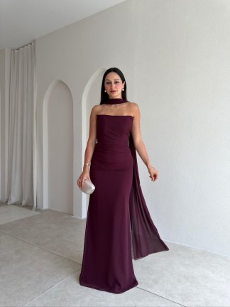 AVALON Şal Detaylı Maxi Elbise 4169 - Bordo 
