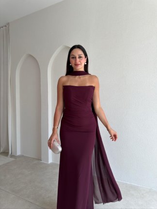 AVALON Şal Detaylı Maxi Elbise 4169 - Bordo - 2
