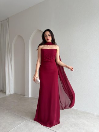 AVALON Şal Detaylı Maxi Elbise 4169 - Bordo - 1