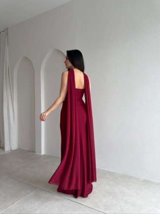 AVALON Şal Detaylı Maxi Elbise 4169 - Bordo - 3