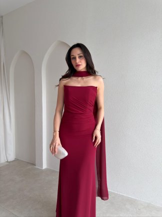AVALON Şal Detaylı Maxi Elbise 4169 - Bordo - 2