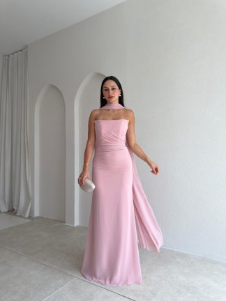 AVALON Şal Detaylı Maxi Elbise 4169 - Pudra 