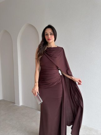 AYRİS Tek Omuz Maxi Elbise 5458 - Acı Kahve 