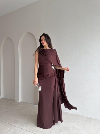 AYRİS Tek Omuz Maxi Elbise 5458 - Acı Kahve - 2