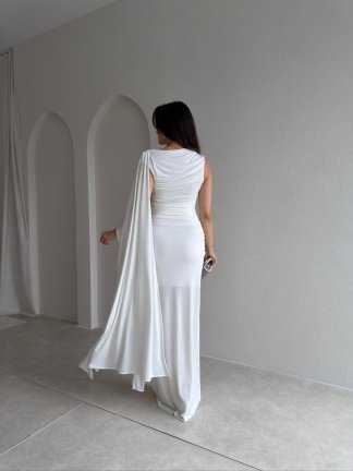  AYRİS Tek Omuz Maxi Elbise 5458 - Beyaz - 3