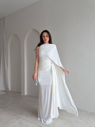  AYRİS Tek Omuz Maxi Elbise 5458 - Beyaz - 2