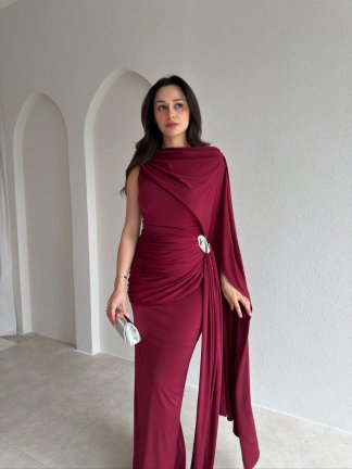  AYRİS Tek Omuz Maxi Elbise 5458 - Bordo - 1