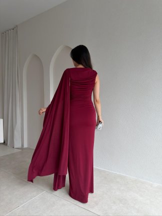  AYRİS Tek Omuz Maxi Elbise 5458 - Bordo - 3
