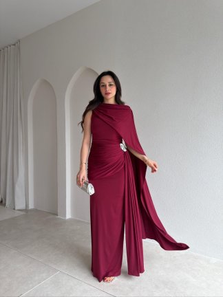  AYRİS Tek Omuz Maxi Elbise 5458 - Bordo - 2