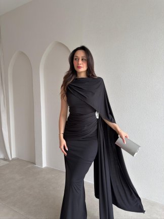 AYRİS Tek Omuz Maxi Elbise 5458 - Siyah 
