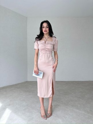 Bağlama Detaylı POEMO Elbise 2103 - Krem - 2