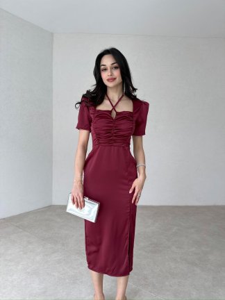 Bağlama Detaylı POEMO Elbise 2103 - Bordo 