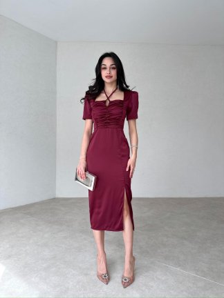 Bağlama Detaylı POEMO Elbise 2103 - Bordo - 2