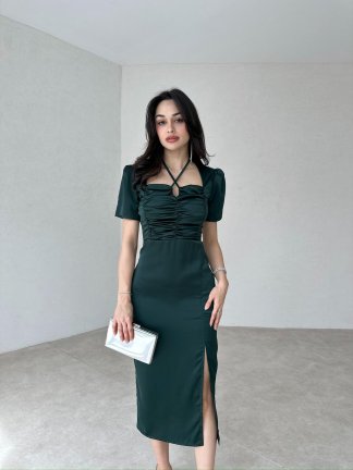 Bağlama Detaylı POEMO Elbise 2103 - Zümrüt Yeşili 