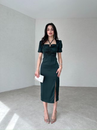 Bağlama Detaylı POEMO Elbise 2103 - Zümrüt Yeşili - 2