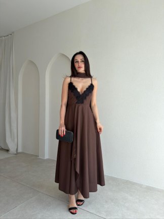 BAROK Dantel Detaylı Maxi Elbise 9035 - Acı Kahve 