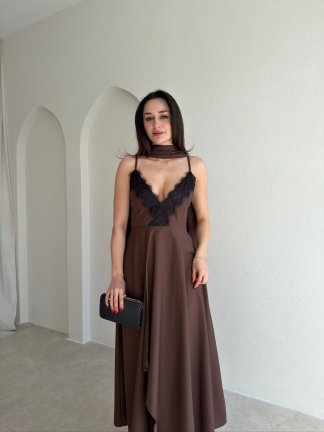 BAROK Dantel Detaylı Maxi Elbise 9035 - Acı Kahve - 2