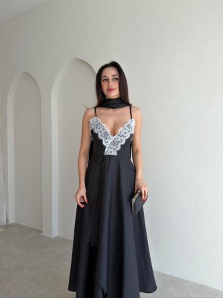 BAROK Dantel Detaylı Maxi Elbise 9035 - Siyah - 2