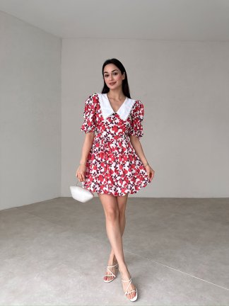 Bebe Yaka Çiçek Desenli Rochelle Elbise - Nar Çiçeği - 2