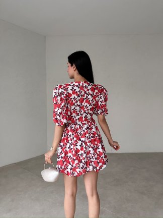 Bebe Yaka Çiçek Desenli Rochelle Elbise - Nar Çiçeği - 3