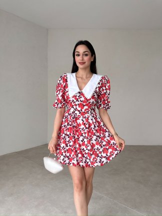 Bebe Yaka Çiçek Desenli Rochelle Elbise - Nar Çiçeği - 1