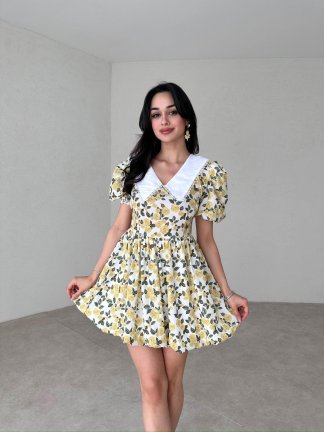 Bebe Yaka Çiçek Desenli Rochelle Elbise - Sarı 