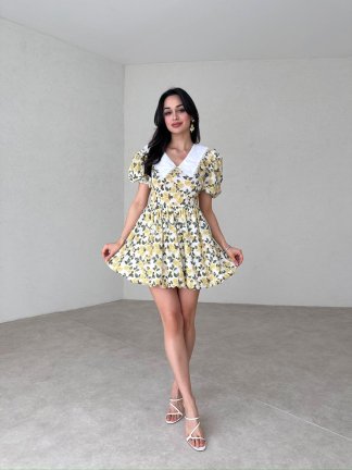 Bebe Yaka Çiçek Desenli Rochelle Elbise - Sarı - 2