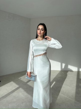 Beli Çapraz İpli Midi TATU Saten Elbise 3492 - Beyaz - 1