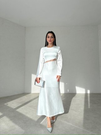 Beli Çapraz İpli Midi TATU Saten Elbise 3492 - Beyaz - 2