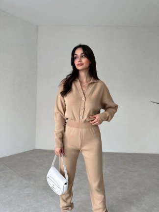 Beli Lastikli Düğmeli STEP Triko Tulum 9911 - Vizon - 1